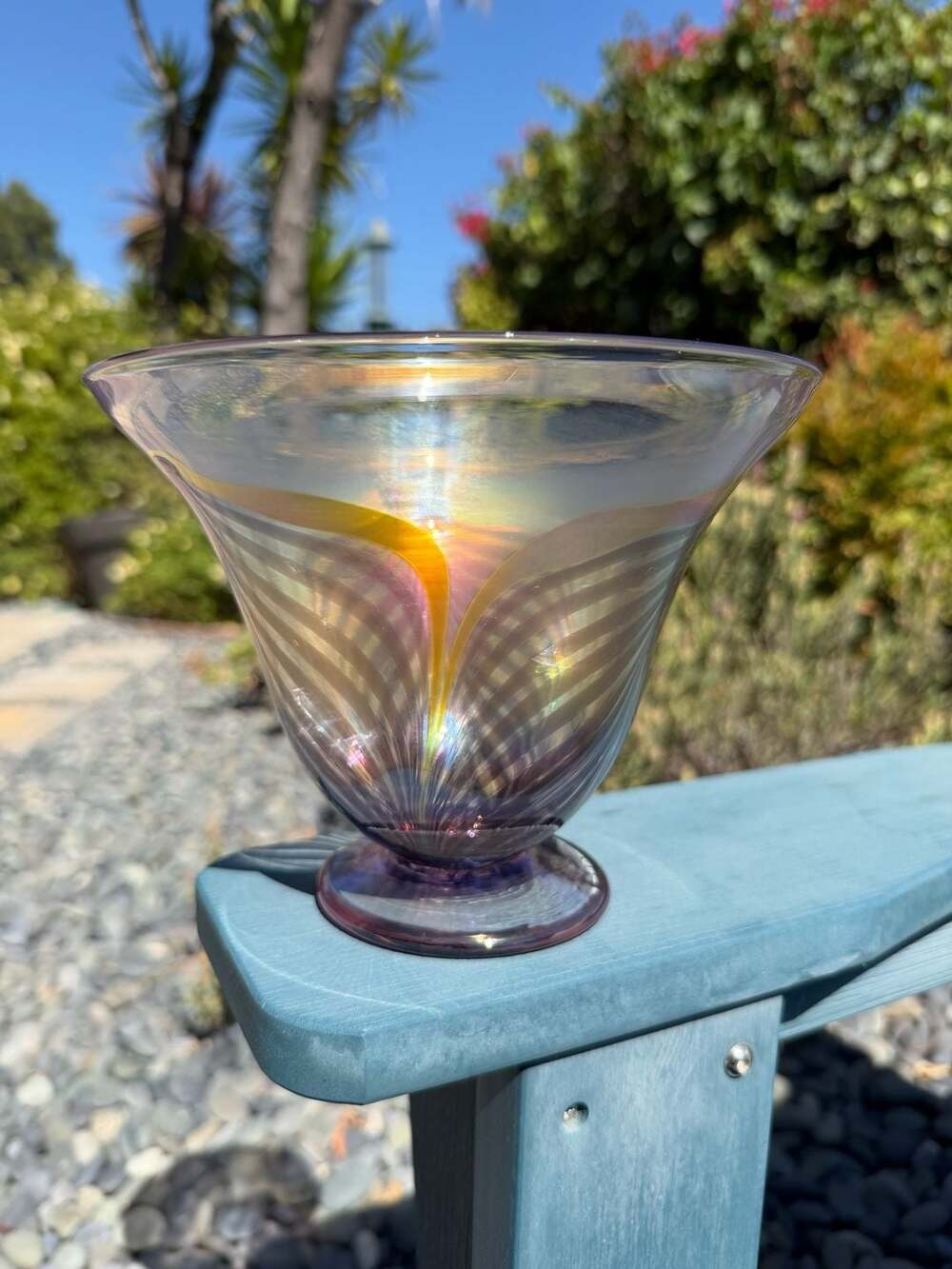 Correia Art Glass 7" Bowl Purple Gold Iridescent Feather Signed Perfect
